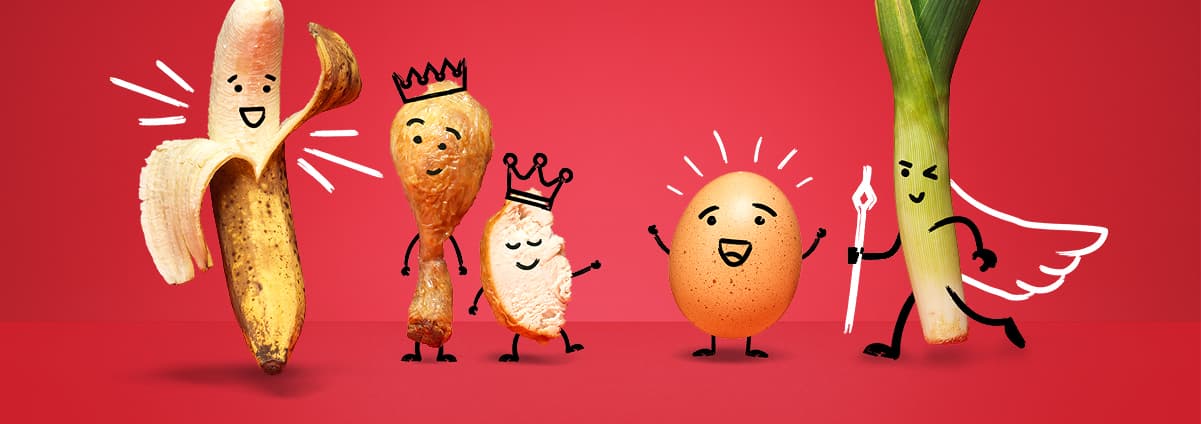 Items of food with cartoon faces and limbs on a red background