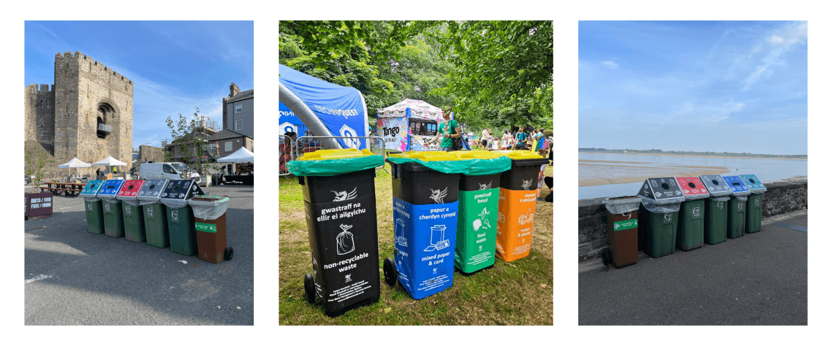 A trio of images. Image 1 is recycling bins lined up outside a castle wall. Image 2 is 4 bins on grass opposite festival banners.  Image 3 shows recycling bins lined up outside against a wall with a sandy beach in the background.