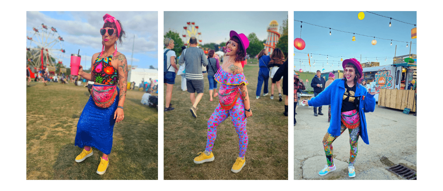 3 images of Ange in different sustainable three Festival outfits