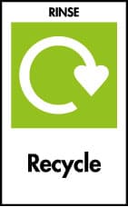 Logo ailgylchu gwyn gyda'r geiriau "Rinse" a "Recycle"